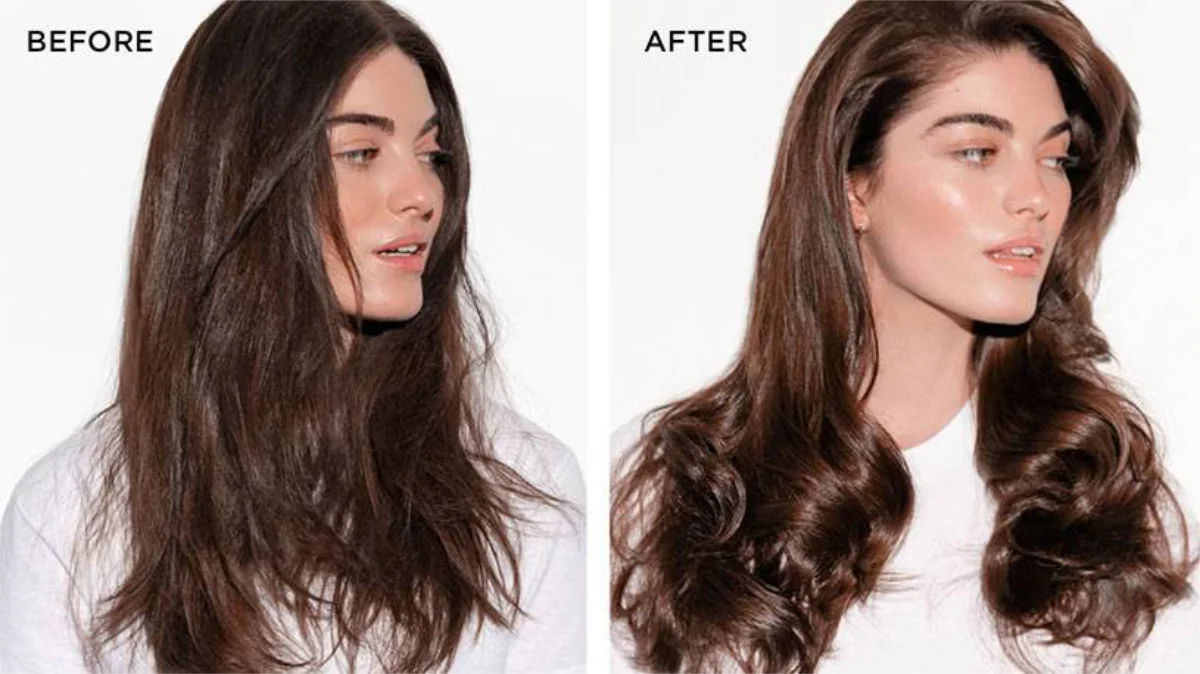 A woman's hair before and after a hair masque treatment